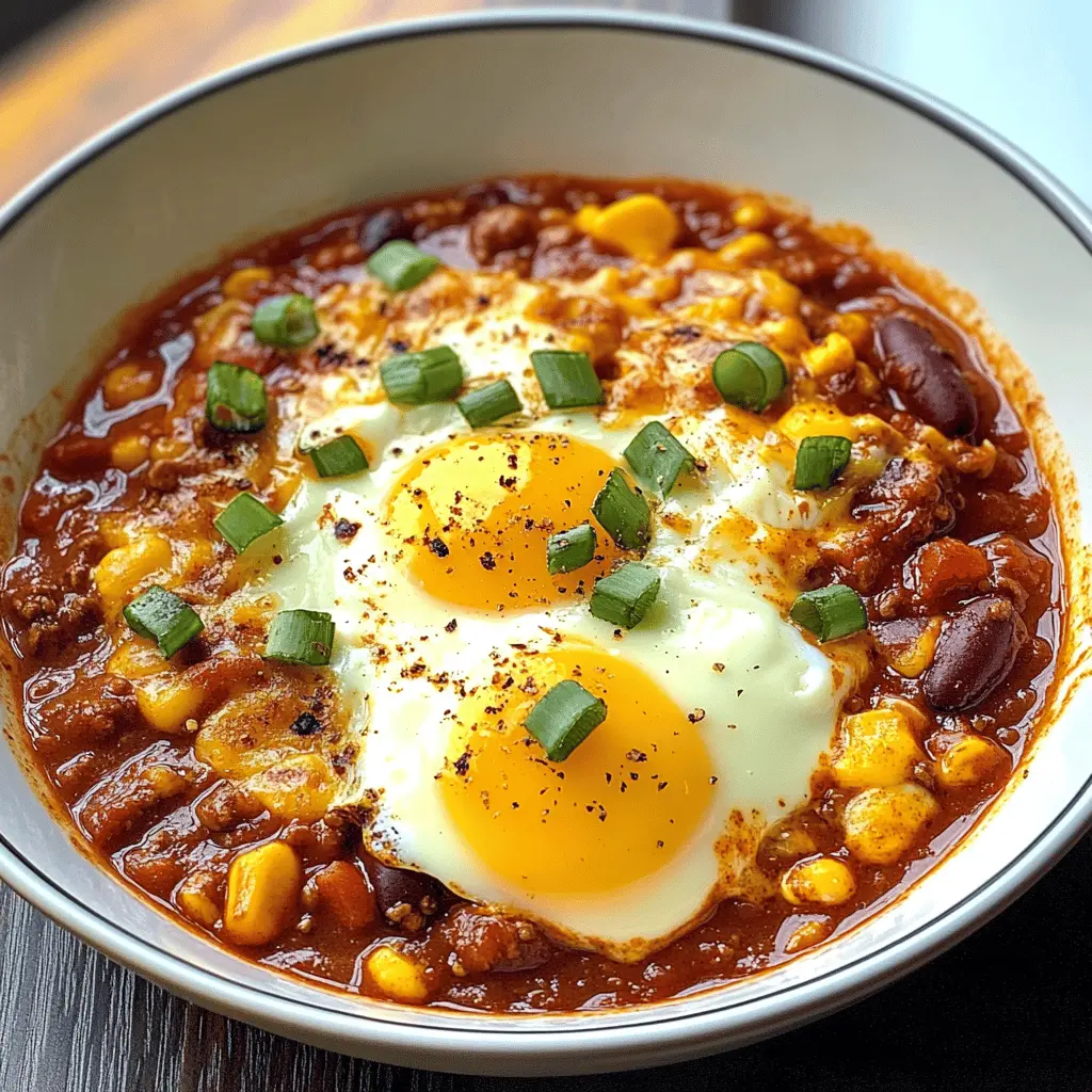 Start your morning with a delicious twist! This Breakfast Chili and Eggs recipe blends hearty beans, spicy chili, and perfectly cooked eggs for a nourishing start to your day. It's packed with flavor and ideal for brunch or a cozy breakfast. Don't forget to save this recipe for a satisfying meal that will warm you up anytime!