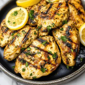 Juicy grilled chicken breasts infused with zesty lemon and fragrant garlic make for a simple yet delicious meal. This recipe stands out with its bright flavors and healthy ingredients, perfect for weeknight dinners or backyard gatherings. Save this pin for a quick, flavorful dish that everyone will love! Ideal for summer barbecues or meal prepping for the week ahead.