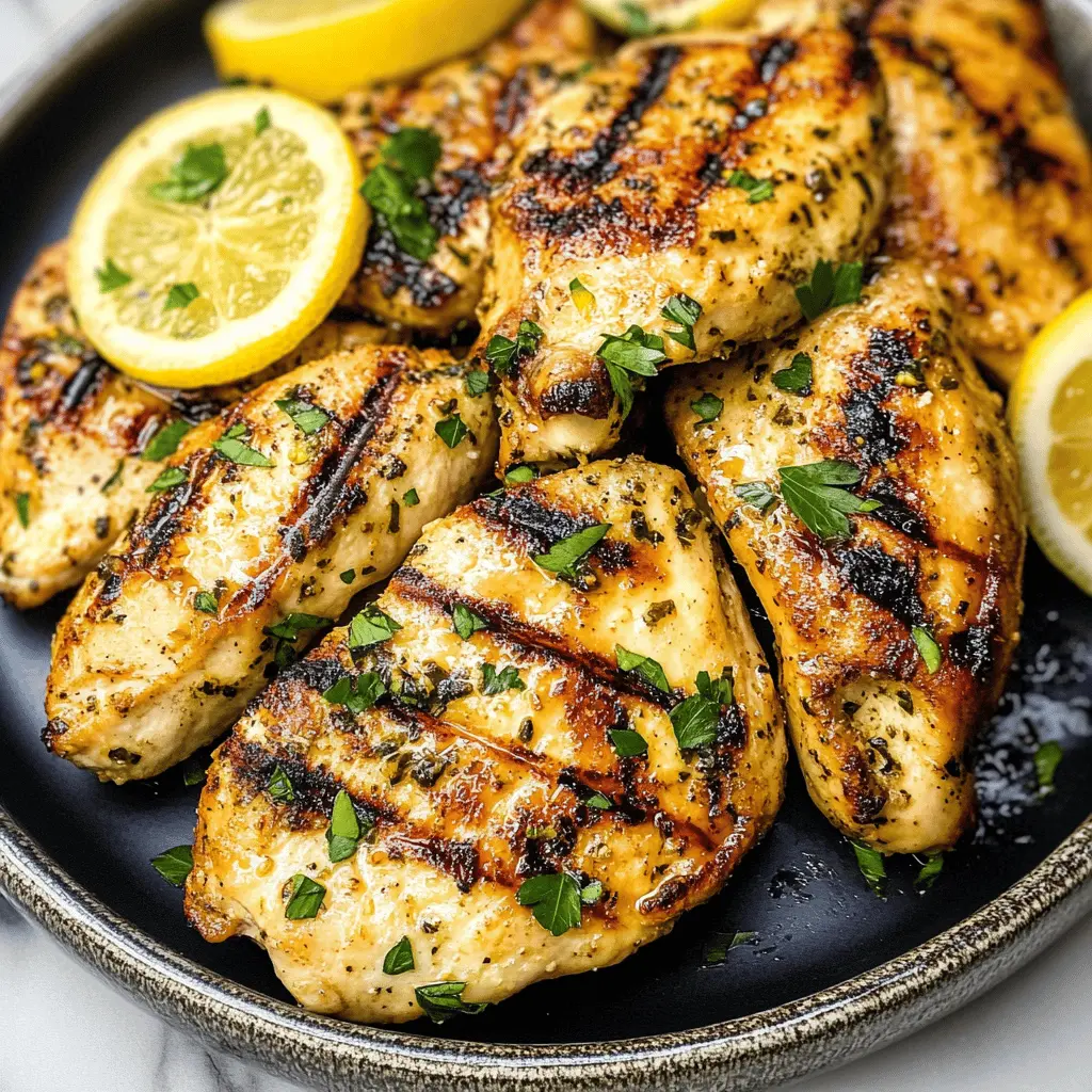 Juicy grilled chicken breasts infused with zesty lemon and fragrant garlic make for a simple yet delicious meal. This recipe stands out with its bright flavors and healthy ingredients, perfect for weeknight dinners or backyard gatherings. Save this pin for a quick, flavorful dish that everyone will love! Ideal for summer barbecues or meal prepping for the week ahead.