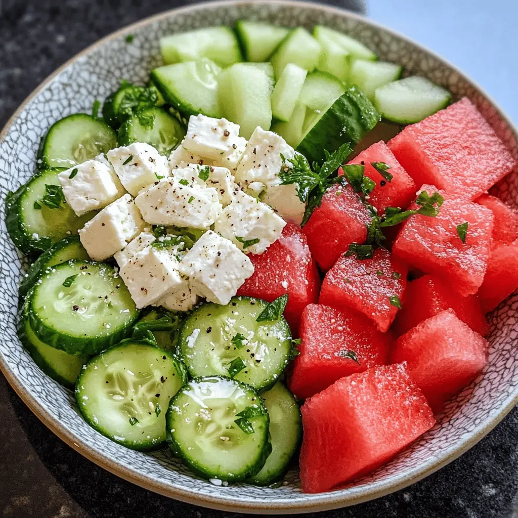 This refreshing Watermelon, Cucumber, and Feta Salad is perfect for hot summer days! It's a vibrant mix of juicy watermelon, crisp cucumber, and tangy feta that creates a delightful balance of flavors. Ideal as a light lunch or a side dish for picnics and BBQs. Save this recipe now for a cool and tasty treat whenever you need it!
