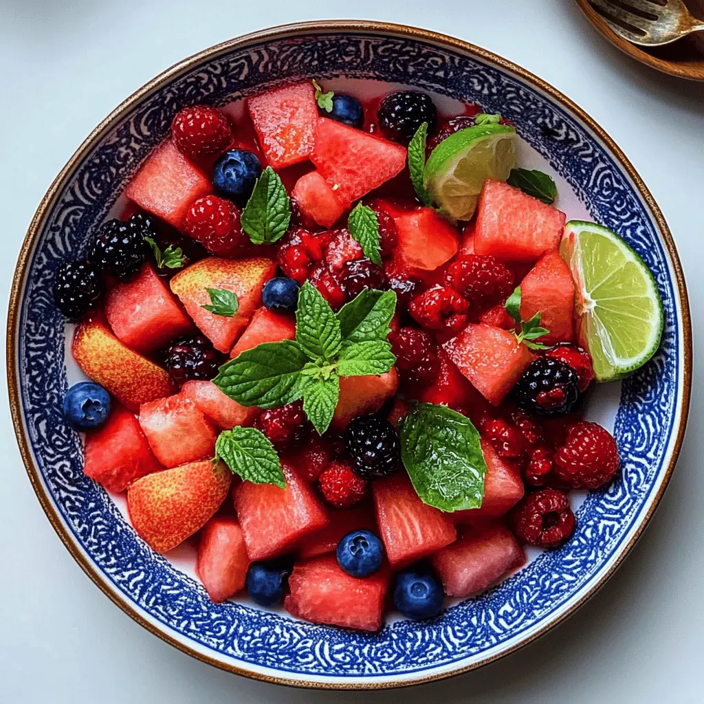 Brighten your summer days with this refreshing Watermelon Fruit Salad! Packed with juicy watermelon, vibrant berries, and a zesty lime dressing, it's the perfect balance of sweetness and tang. Ideal for picnics, barbecues, or just a light snack, it's a quick and easy way to enjoy seasonal fruits. Save this recipe to make a splash at your next gathering!