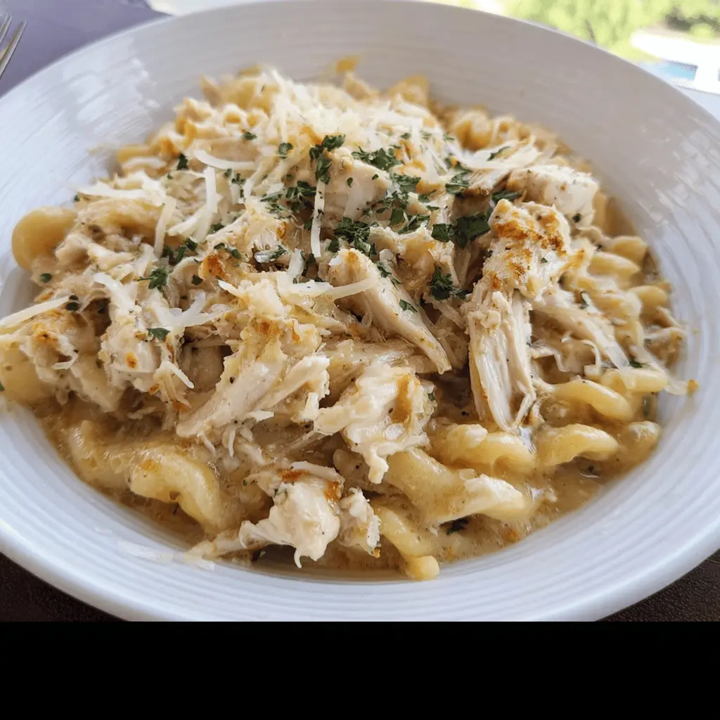Easy Crockpot Garlic Parmesan Chicken Pasta