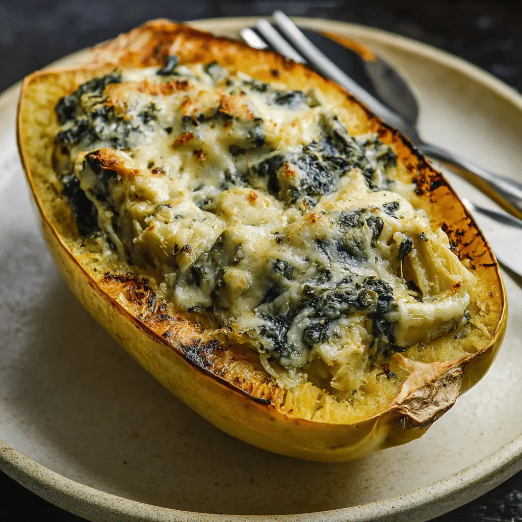 Cheesy Spinach and Artichoke Stuffed Spaghetti Squash