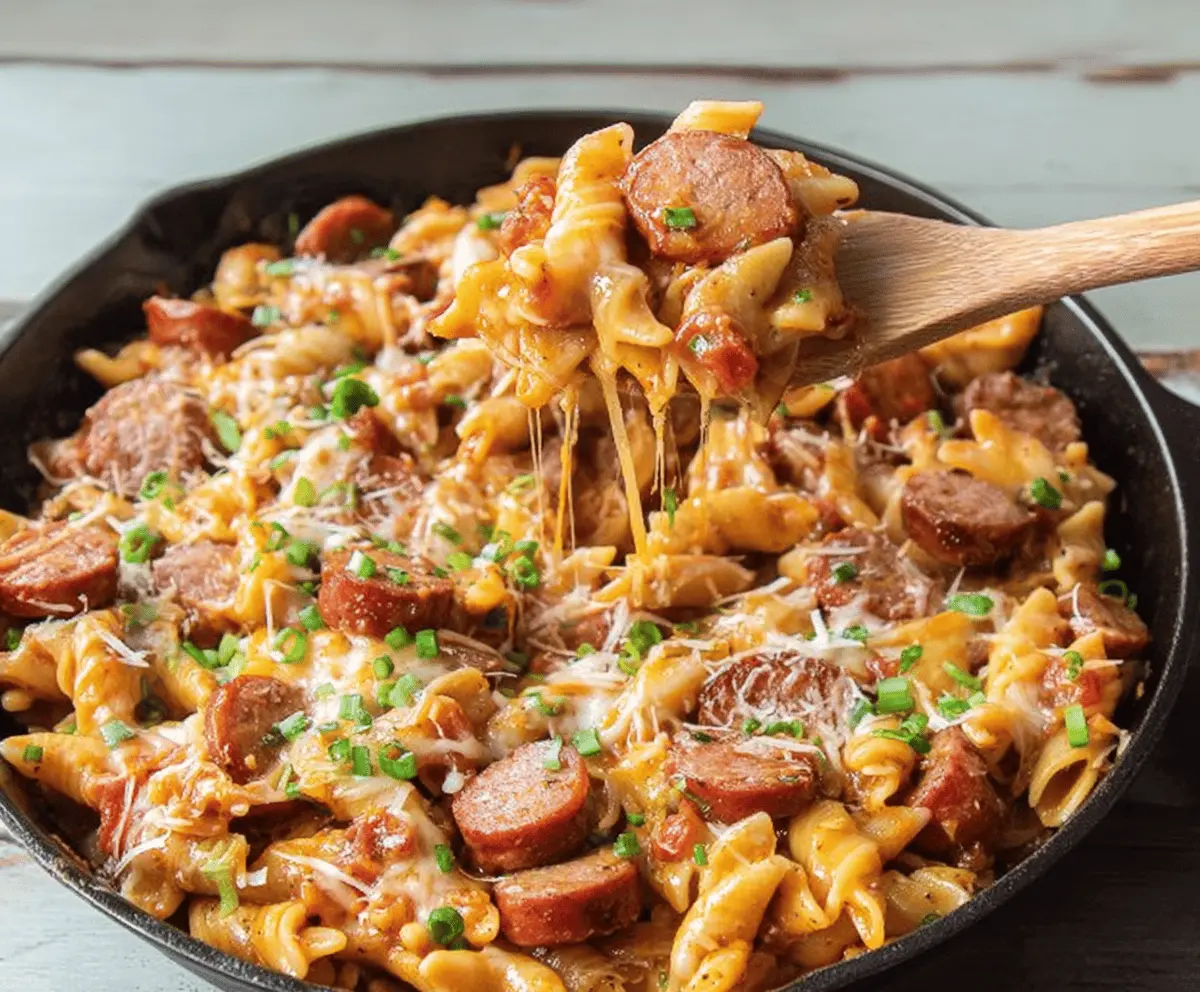Easy One Pot Cheesy Smoked Sausage Pasta