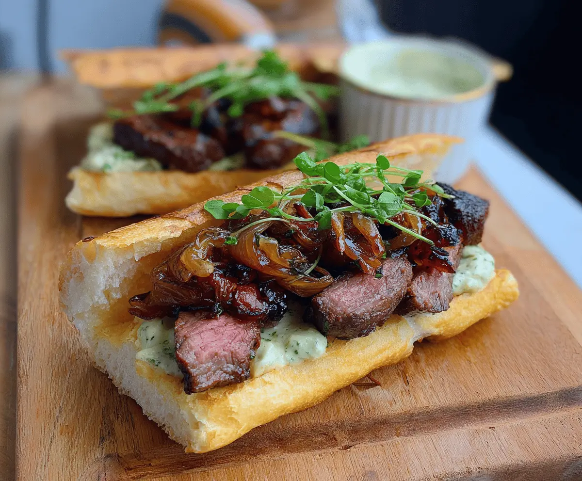 Steak Ciabatta with Caramelized Onions and Garlic Chive Aioli
