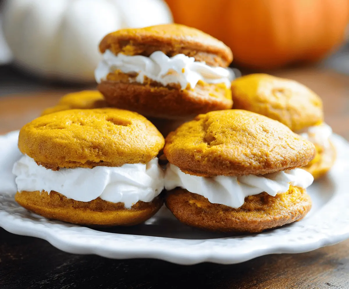 Delicious Amish Pumpkin Whoopie Pies with creamy filling and spiced pumpkin cookies on a plate