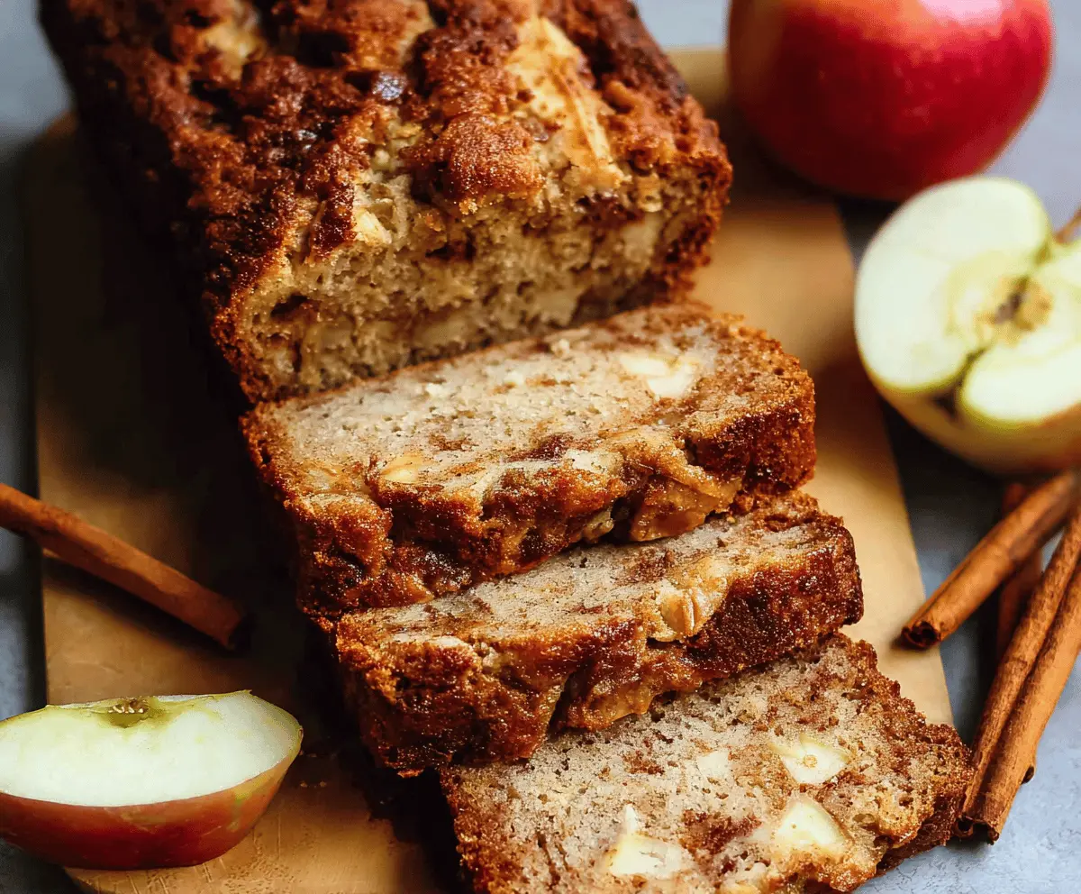 Freshly baked apple cinnamon bread sliced and served on a wooden cutting board, topped with cinnamon sugar, with a whole apple and cinnamon sticks in the background.