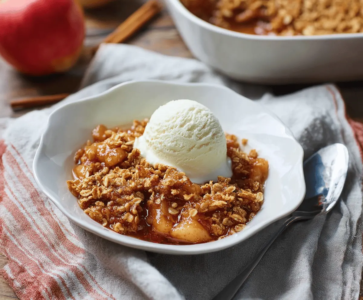 Delicious homemade apple crisp topped with golden oats and cinnamon served in a rustic bowl