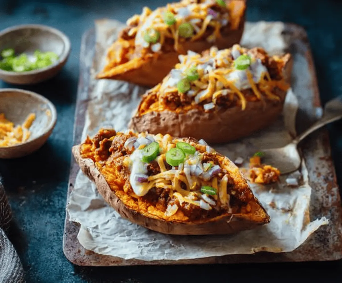 Cheesy Chili Stuffed Sweet Potatoes