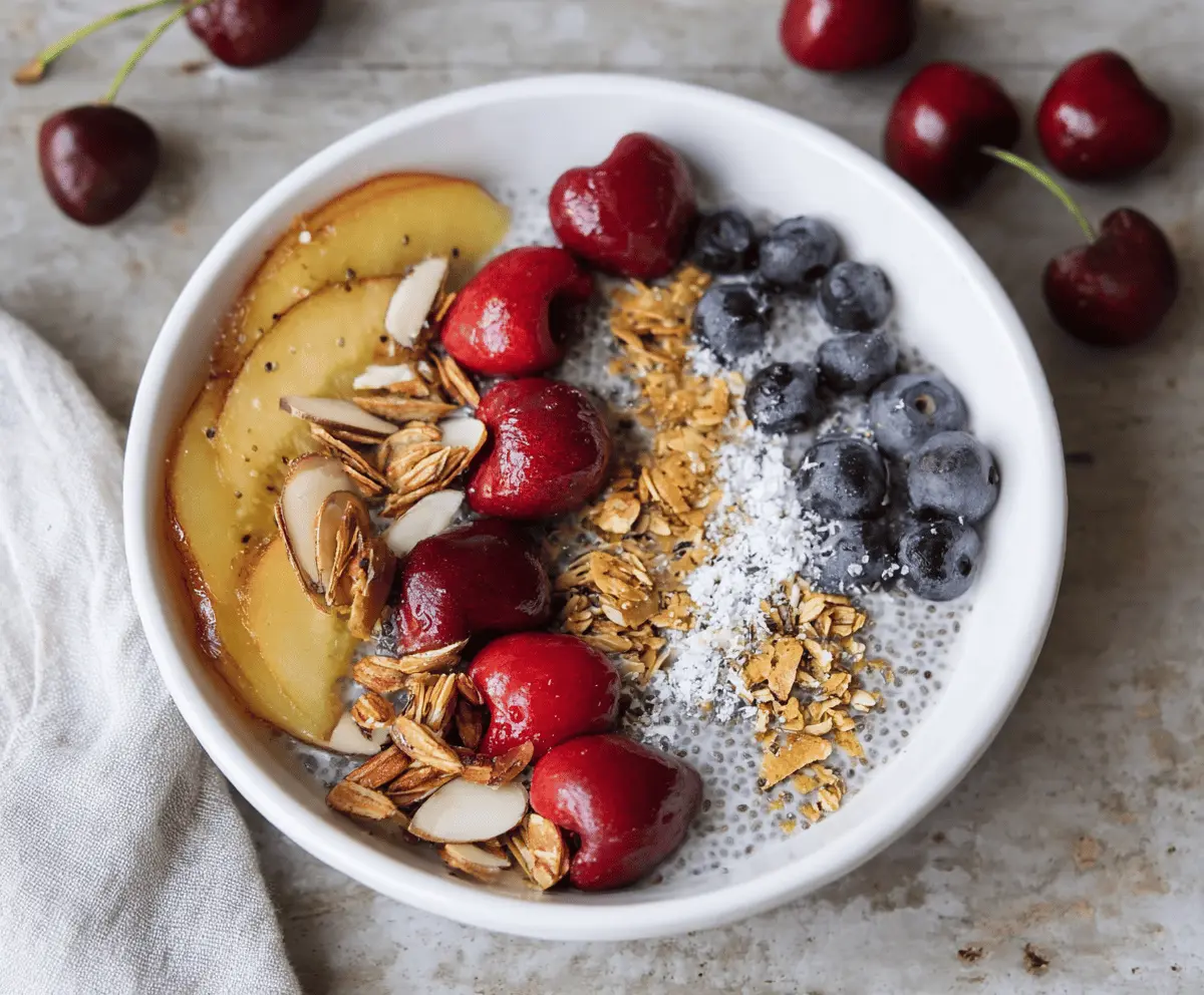 Healthy chia yogurt breakfast bowl topped with fresh fruit, nuts, and seeds for a nutritious start to your day