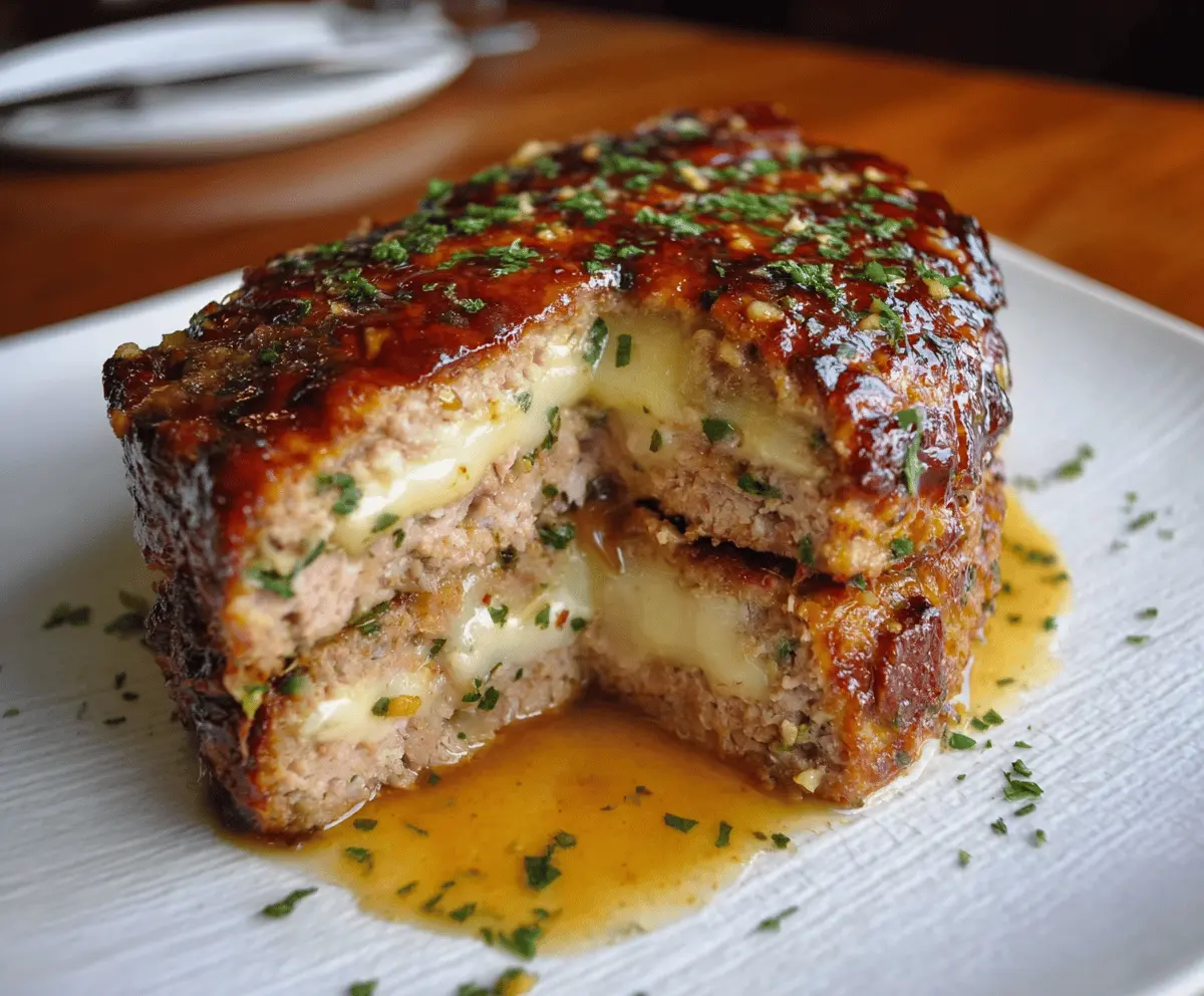 Delicious Chicken Cordon Bleu Meatloaf with melted cheese and crispy bacon topping, ready to serve