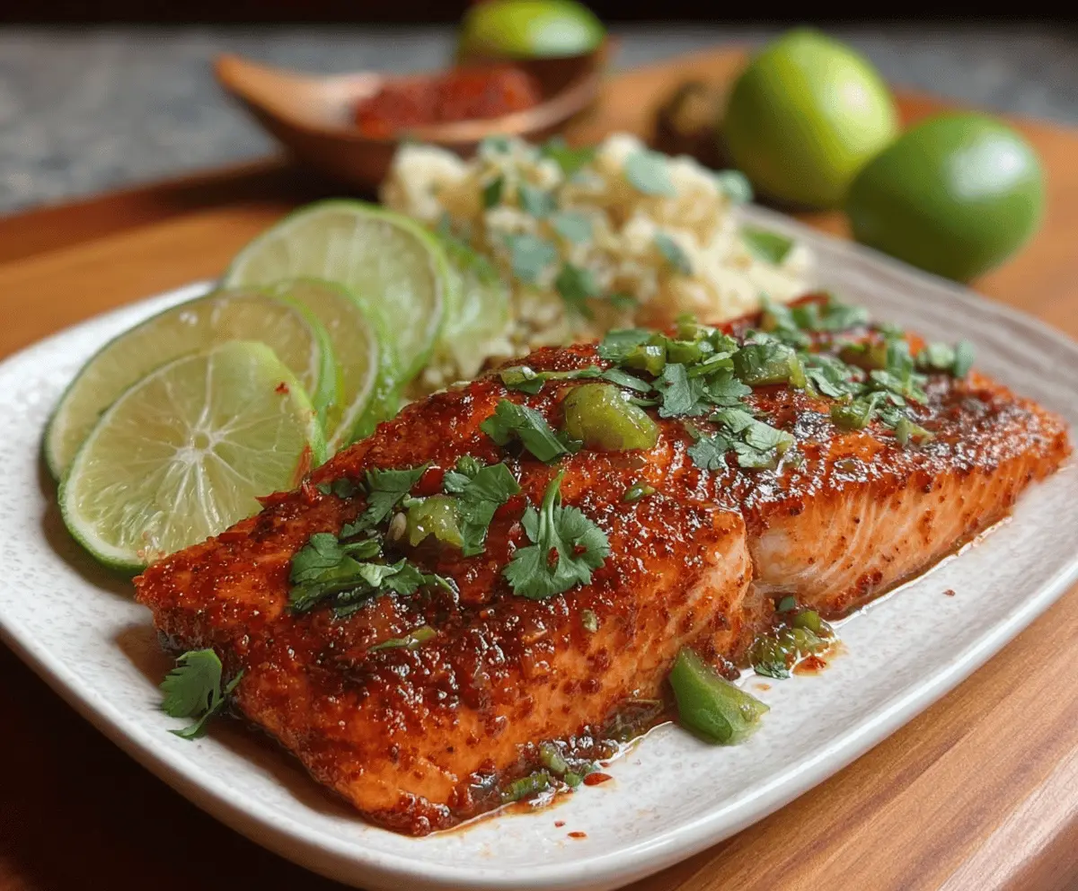 Grilled chili lime salmon fillet topped with fresh cilantro and lime wedges on a white plate, served with colorful vegetables