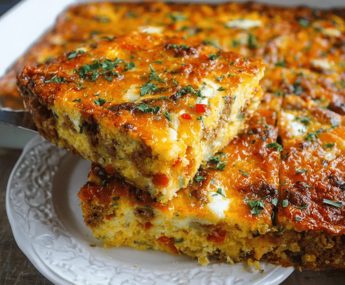 Delicious Chorizo & Potato Egg Casserole topped with melted cheese, ready to serve for breakfast or brunch