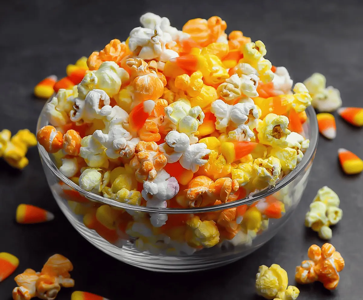 Colorful candy corn-shaped popcorn with vibrant orange, yellow, and white kernels on a festive platter for a sweet Halloween treat.