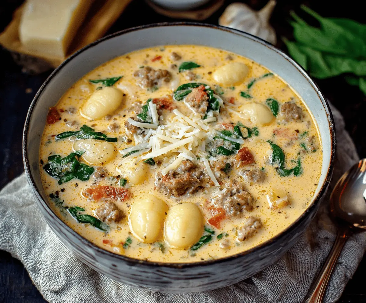 Creamy Italian sausage gnocchi soup with fresh herbs, vegetables, and melted cheese in a bowl