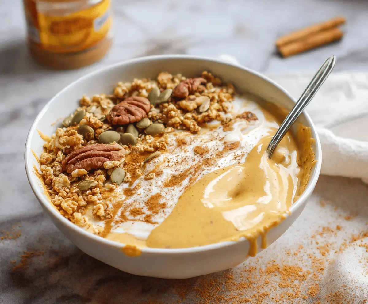 Creamy Pumpkin Pie Yogurt Bowl topped with whipped cream, crushed graham crackers, and cinnamon for a delicious fall-inspired breakfast or snack.
