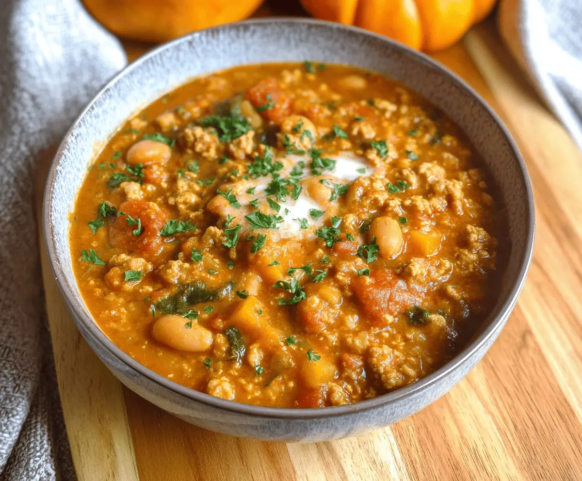 Creamy turkey pumpkin chili in a bowl garnished with fresh herbs, showcasing a hearty and flavorful fall-inspired dish with tender turkey, pumpkin, and spices.