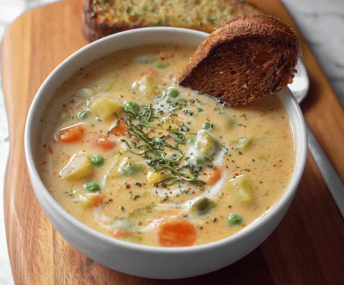 Creamy vegetable soup in a bowl garnished with fresh herbs and colorful vegetable pieces, perfect for a comforting and healthy meal.