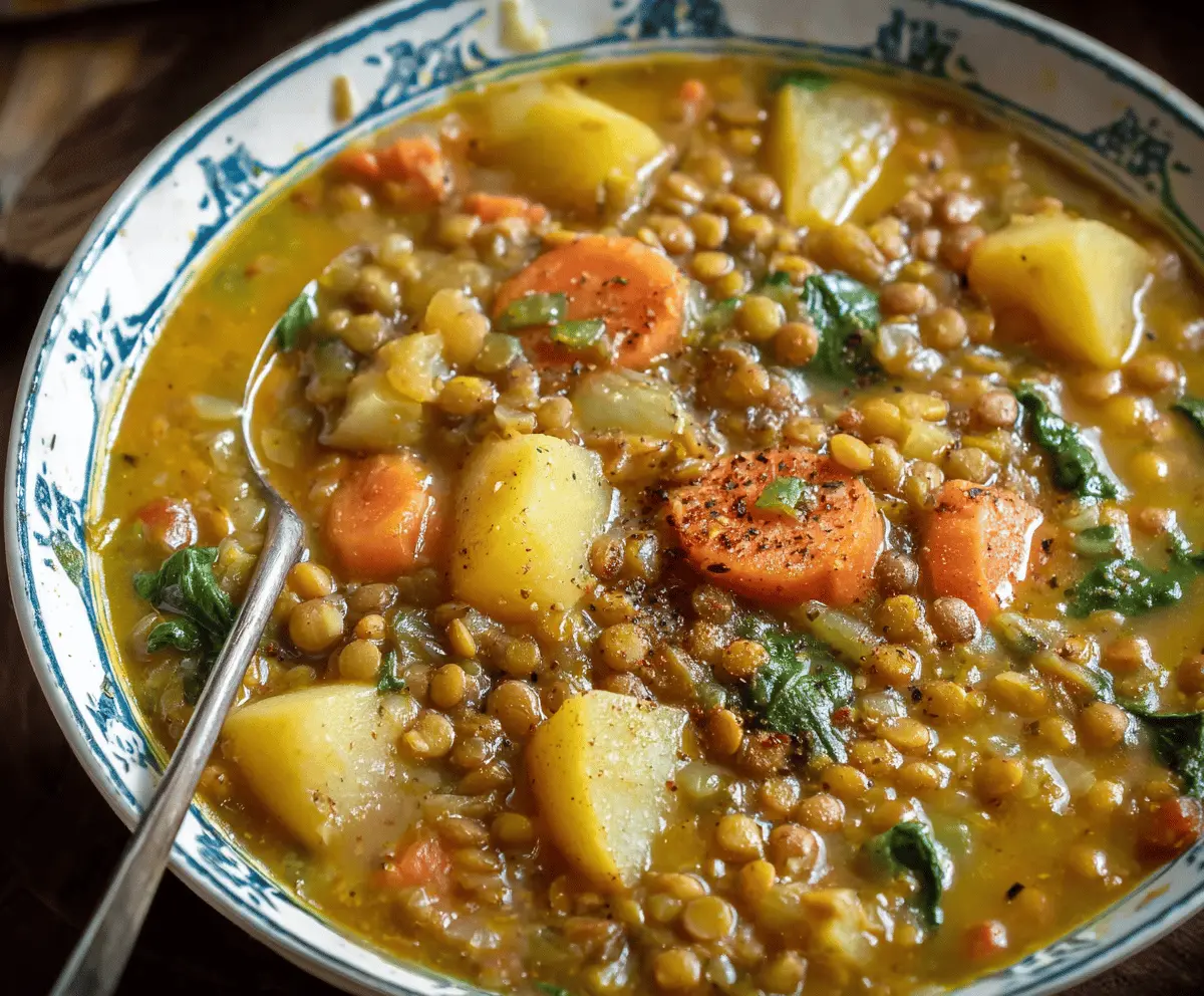 A bowl of hearty easy lentil potato soup garnished with herbs, showcasing a comforting and nutritious homemade meal.
