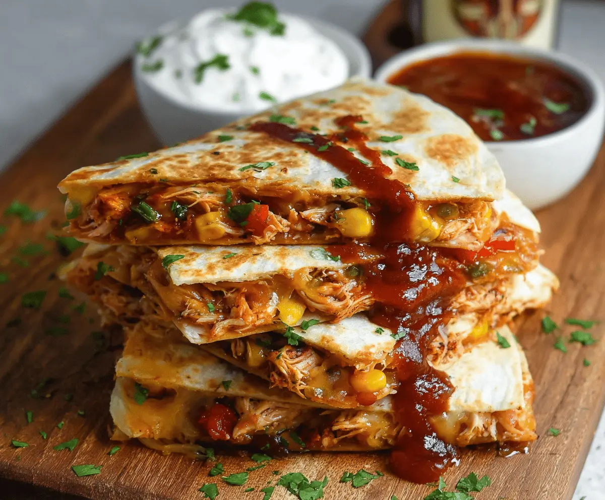 Delicious loaded BBQ chicken quesadillas topped with melted cheese, fresh vegetables, and crispy bacon, perfect for fall dinner ideas.
