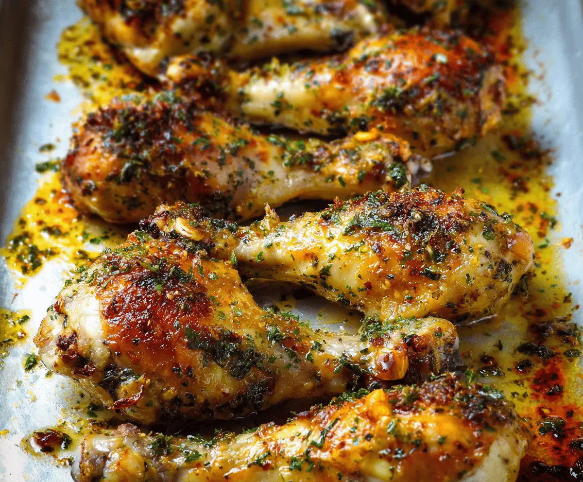 Juicy garlic butter baked chicken drumsticks with crispy golden skin on a white plate
