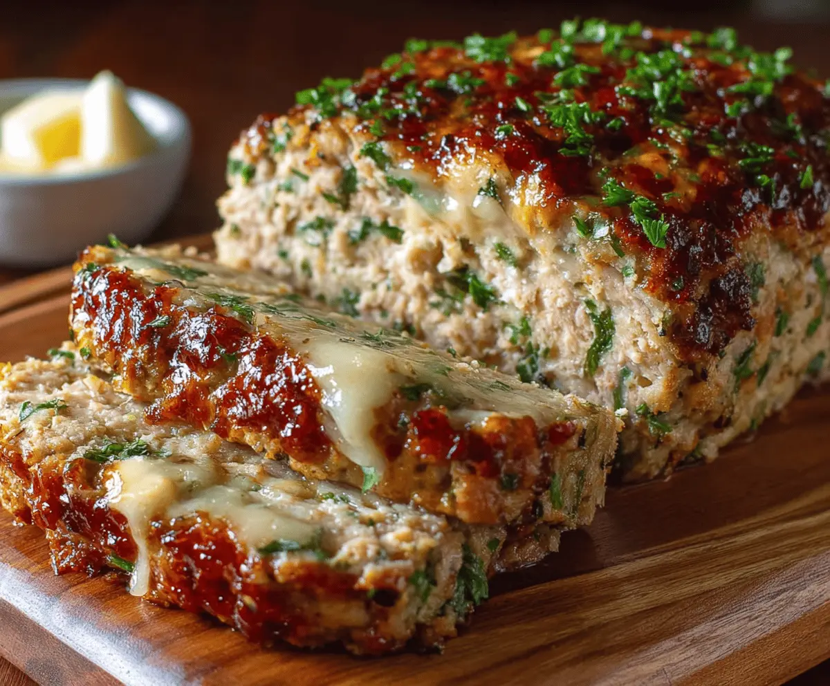 Juicy Garlic Parmesan Chicken Meatloaf topped with melted cheese and fresh herbs, served on a plate for a delicious homemade dinner.
