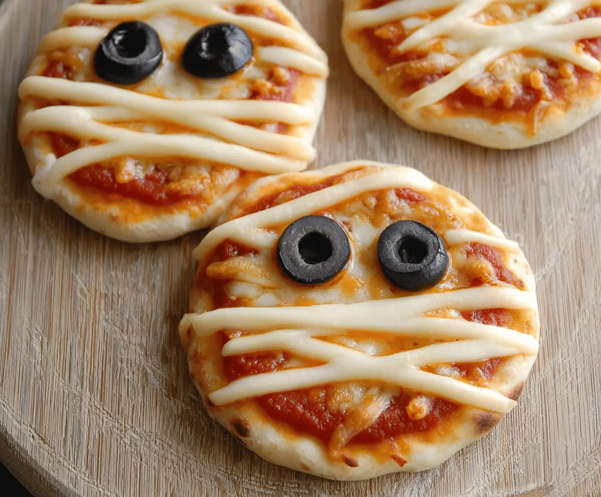 Cute Halloween Mummy Pizzas topped with melted cheese and olive eyes, perfect for a spooky party snack