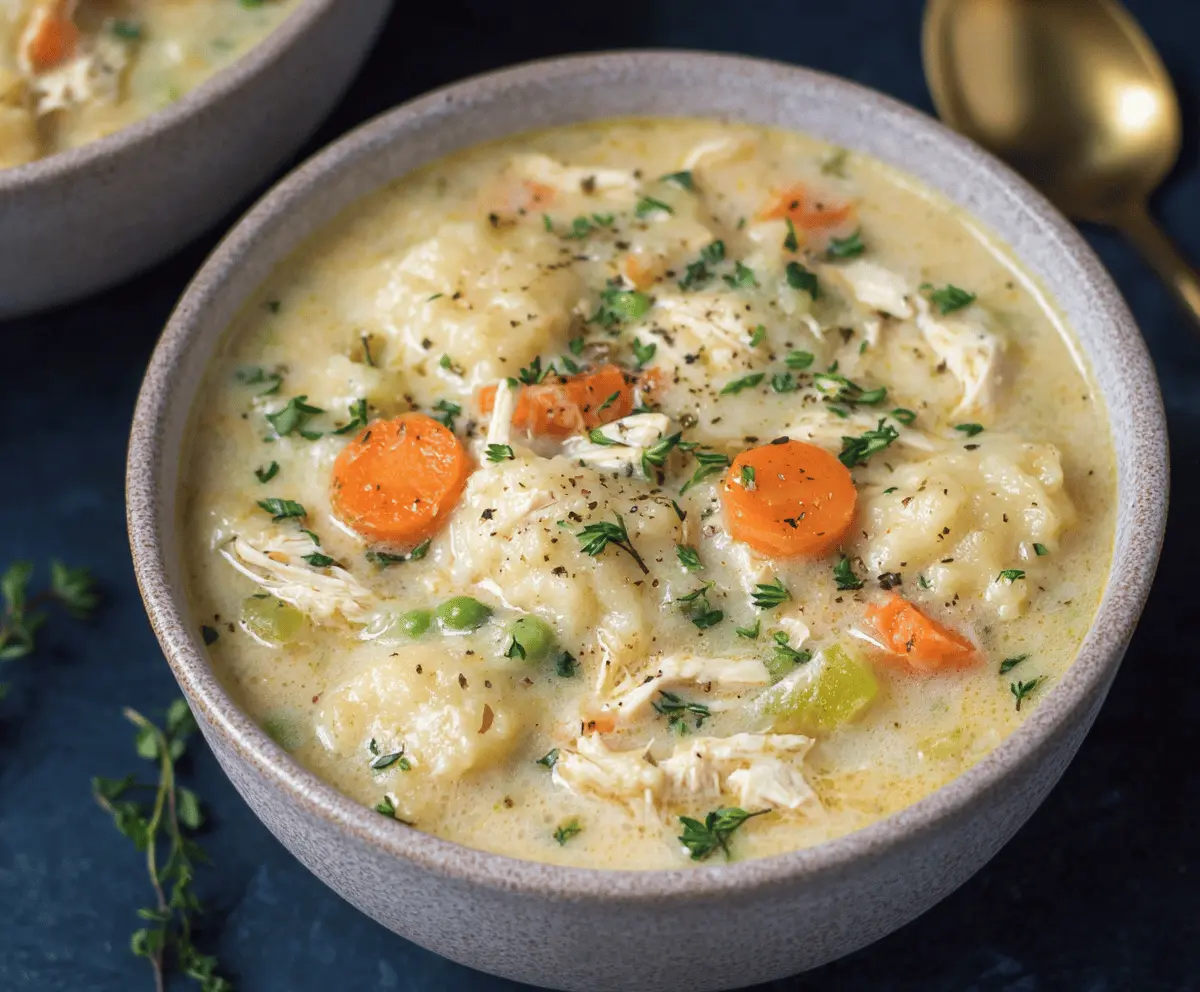Creamy Healthy Chicken Pot Pie Soup topped with golden pastry crust, featuring tender chicken, vegetables, and herbs in a comforting bowl