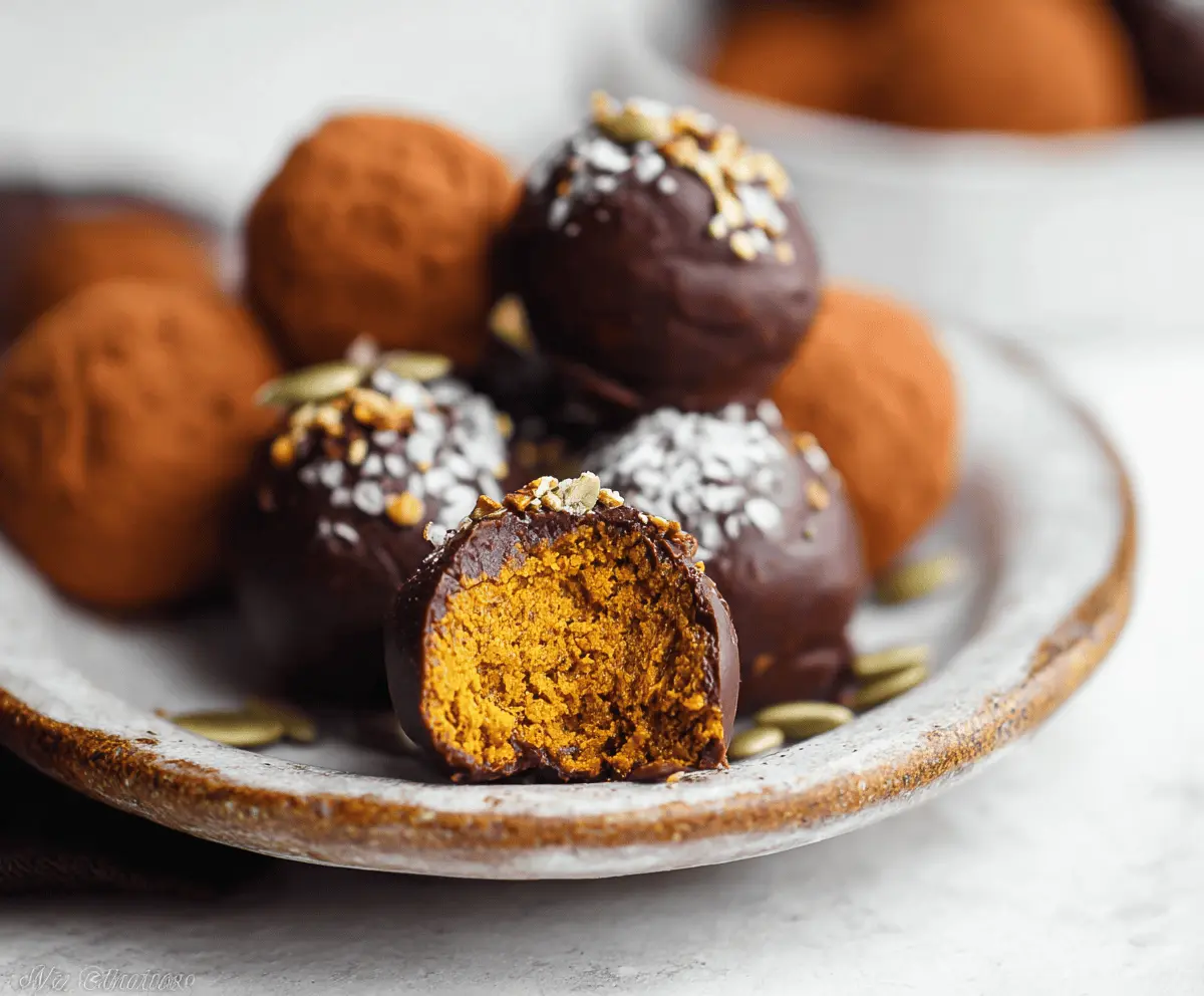 Delicious and healthy pumpkin truffles with a creamy texture and fall-inspired flavor, perfect for a festive treat.