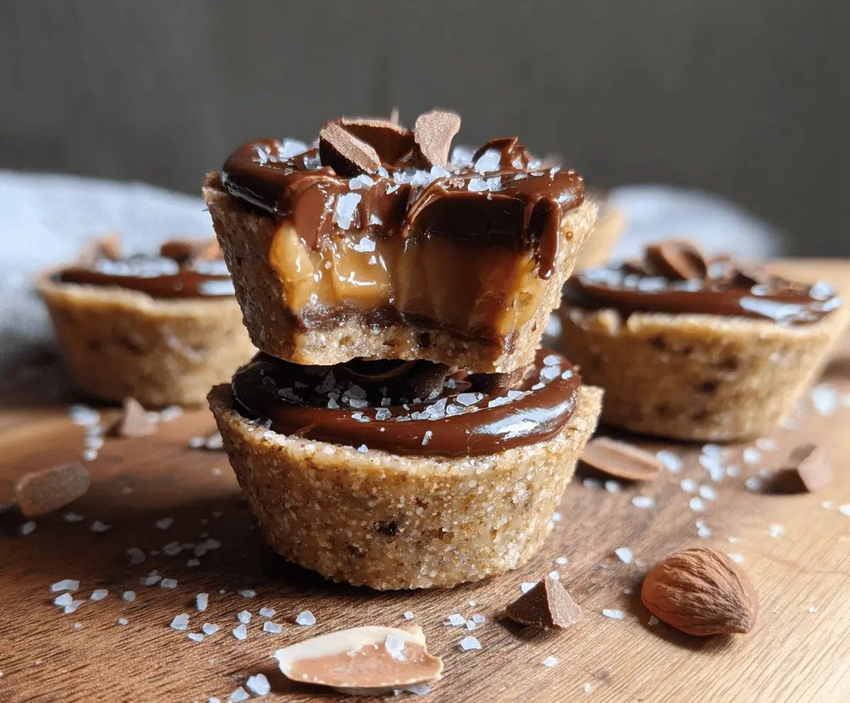 Vegan Paleo Healthy Twix Cups on a white plate with chocolate drizzle and coconut topping