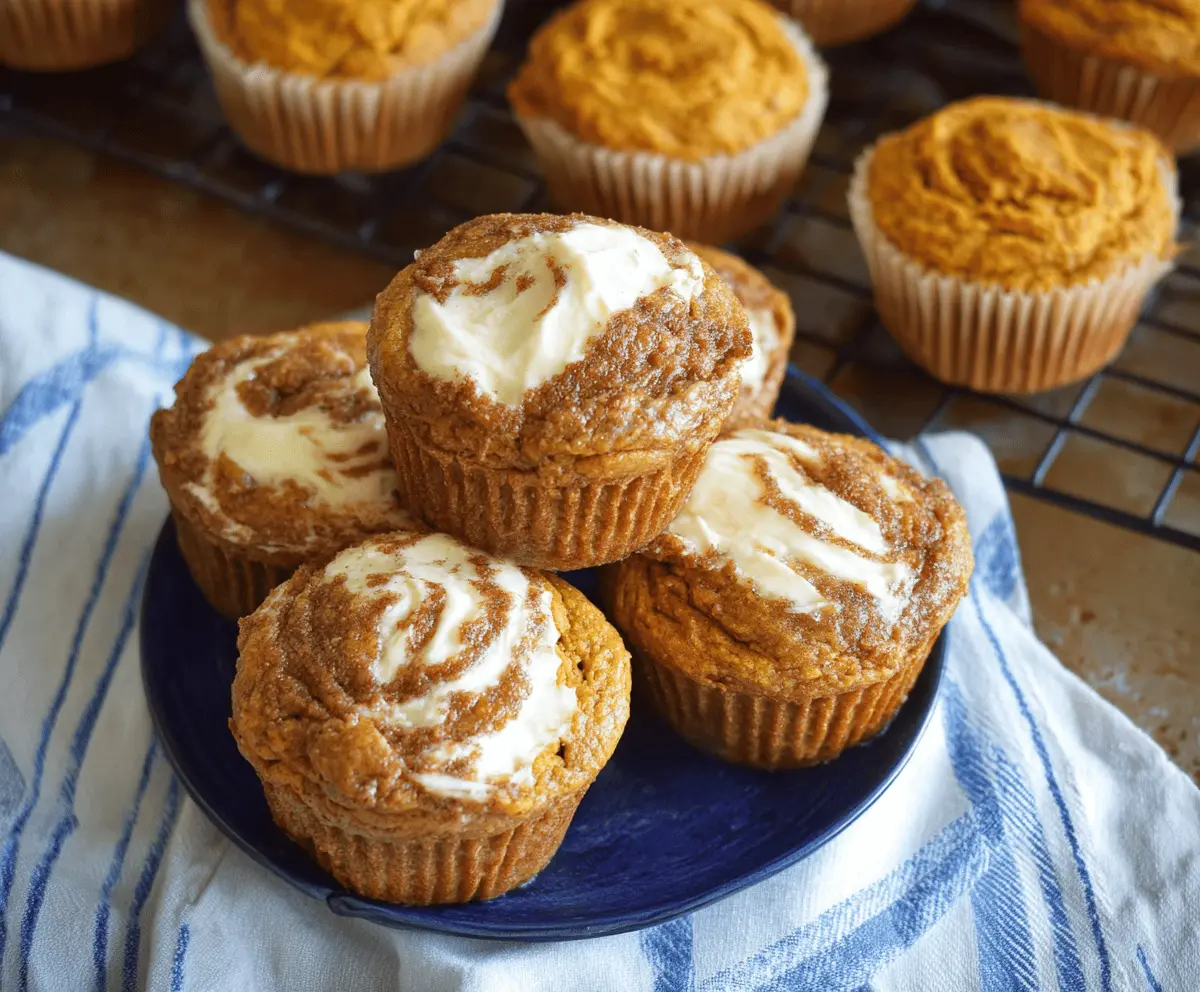 Freshly baked moist pumpkin cream cheese muffins with golden tops and swirls of cream cheese filling, perfect for fall baking