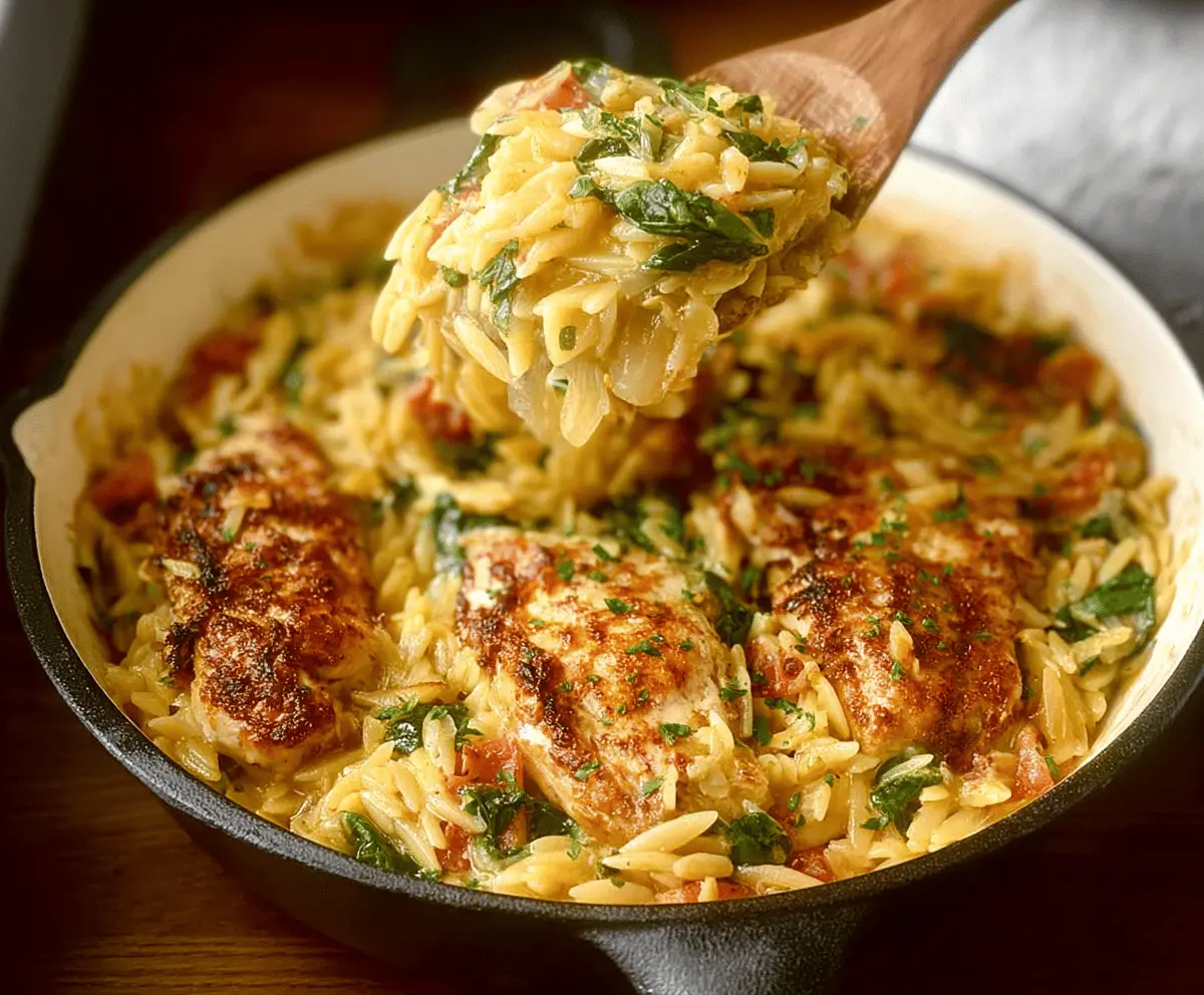 Delicious Monterey Chicken One-Pan Orzo served on a plate with melted cheese, grilled chicken, and colorful vegetables, perfect for a flavorful, easy dinner