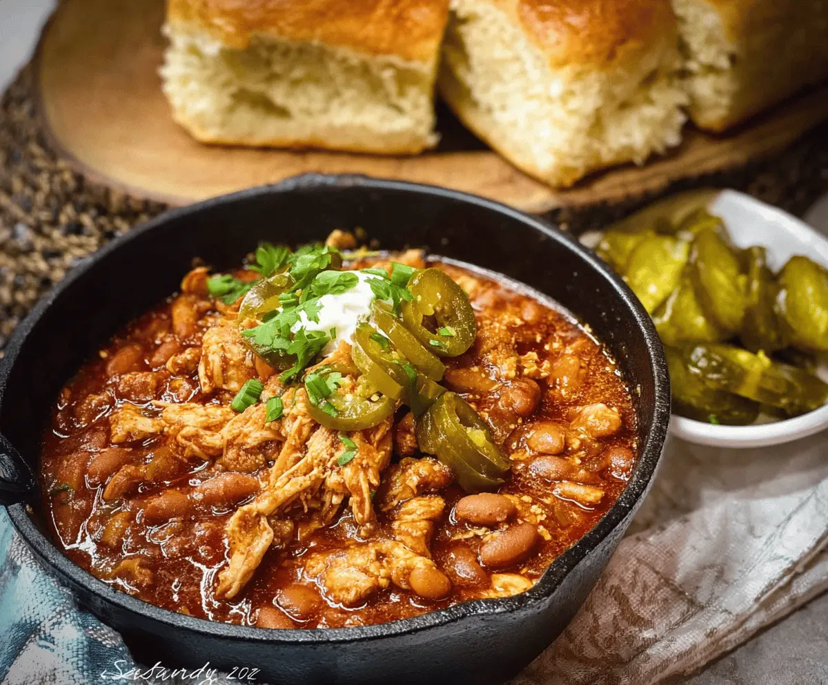 Spicy Nashville Hot Chicken Chili in a bowl topped with fresh herbs and chili flakes, perfect for a flavorful comfort meal