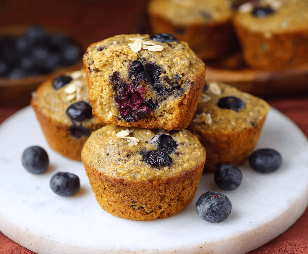 Delicious homemade oatmeal blueberry muffins made without flour, featuring golden tops and fresh blueberries, perfect for a healthy breakfast or snack.