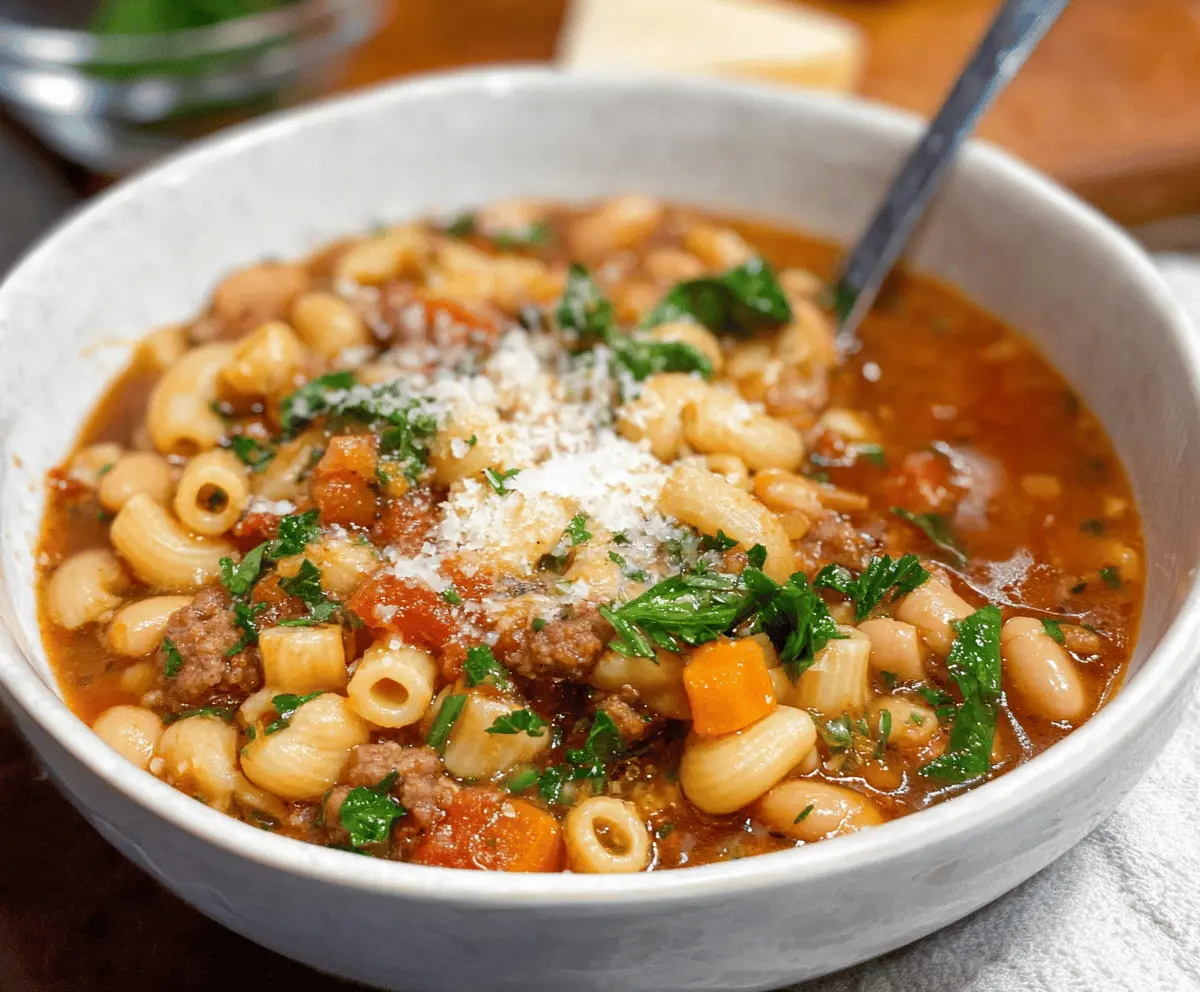A bowl of hearty Pasta Fagioli with sausage, garnished with fresh herbs and grated cheese, served in a rustic bowl for a comforting Italian meal.