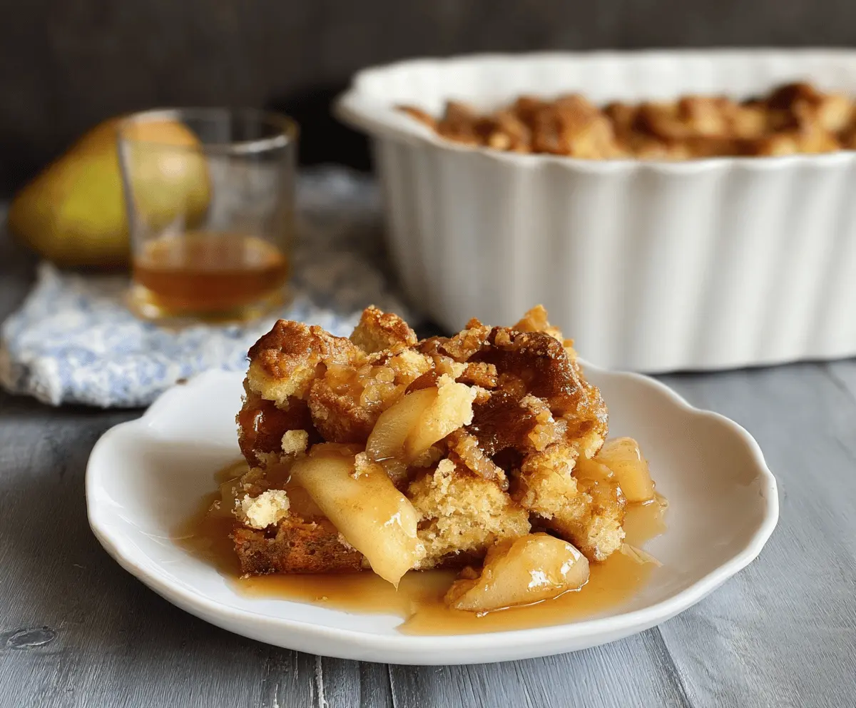 Delicious Pear and Brown Sugar French Toast Casserole topped with fresh pear slices and caramelized brown sugar for a perfect breakfast treat.