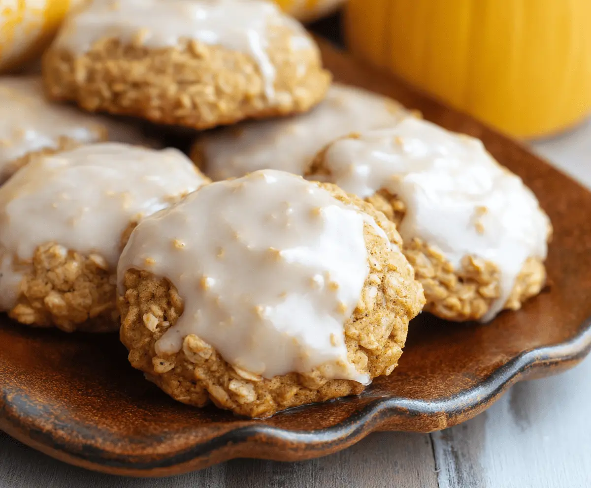Delicious Pumpkin Oatmeal Cookies topped with Cinnamon Sugar Icing, perfect for fall treats and cozy baking