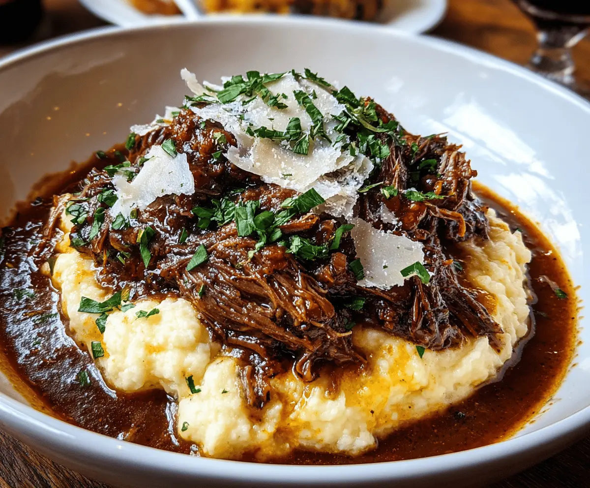 Delicious short rib ragu served over creamy Parmesan mashed potatoes, garnished with fresh herbs, perfect for a hearty comfort meal.