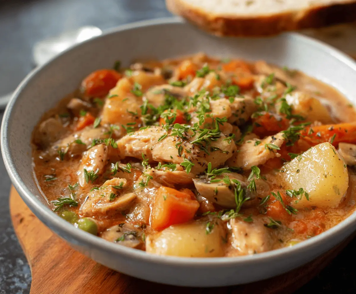 Hearty slow cooker chicken stew with vegetables and herbs in a rustic bowl, ready to serve.