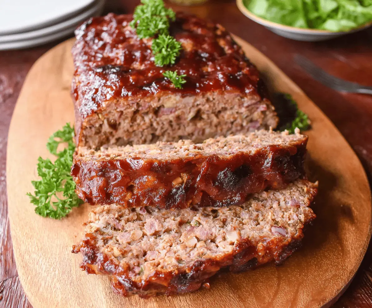 Juicy smoked meatloaf topped with glaze, sliced to reveal tender, flavorful beef interior, served on a rustic plate.