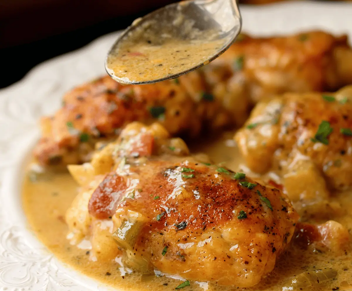 Juicy Southern Smothered Chicken served with creamy gravy and savory sides on a rustic plate