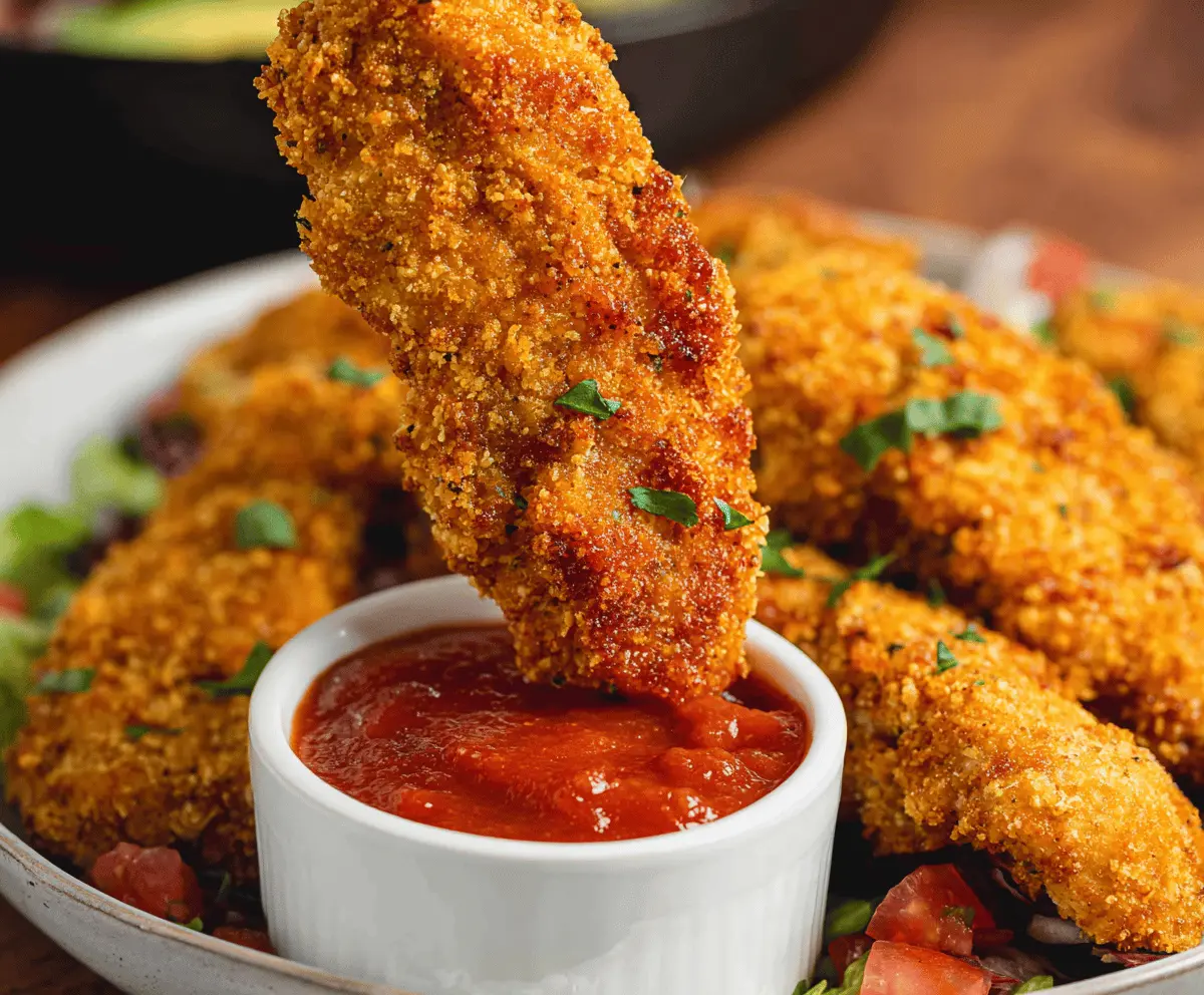 Juicy Southwest Chicken Tenders with spicy seasoning, served with fresh vegetables and dipping sauce on a plate.