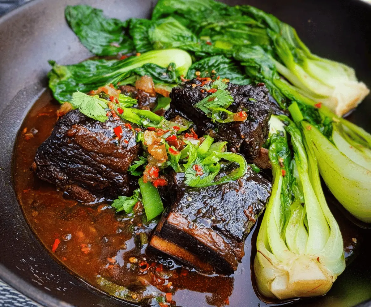 Delicious sweet chili braised beef short ribs served with stir-fried bok choy on a plate, showcasing a flavorful Asian-inspired dish