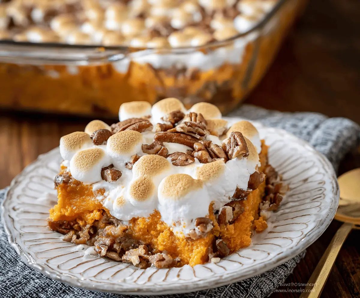 Delicious sweet potato casserole topped with marshmallows and pecans, served in a baking dish for a festive holiday side dish.