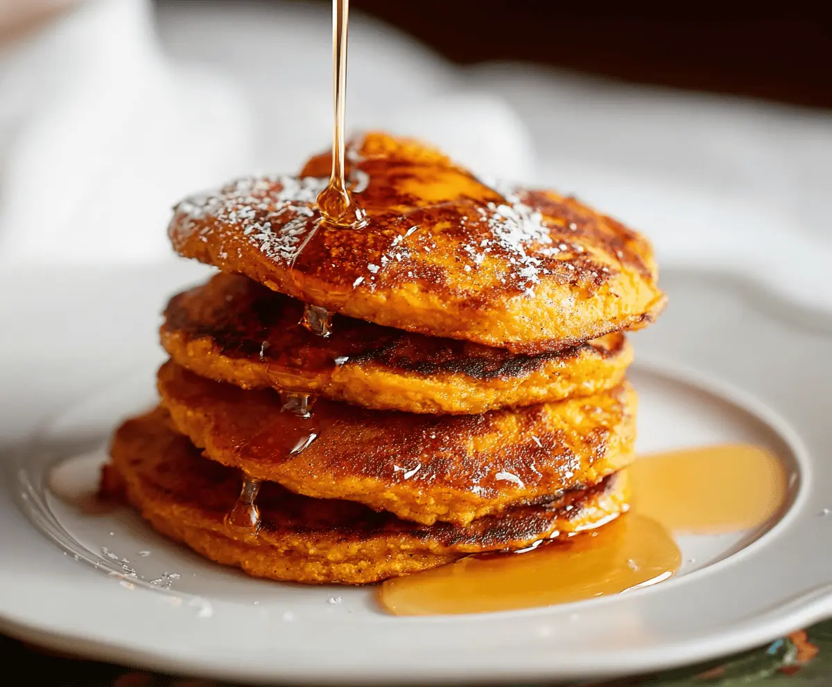 Delicious 2-ingredient sweet potato pancakes topped with syrup and fresh berries on a plate, showcasing a healthy and easy breakfast option