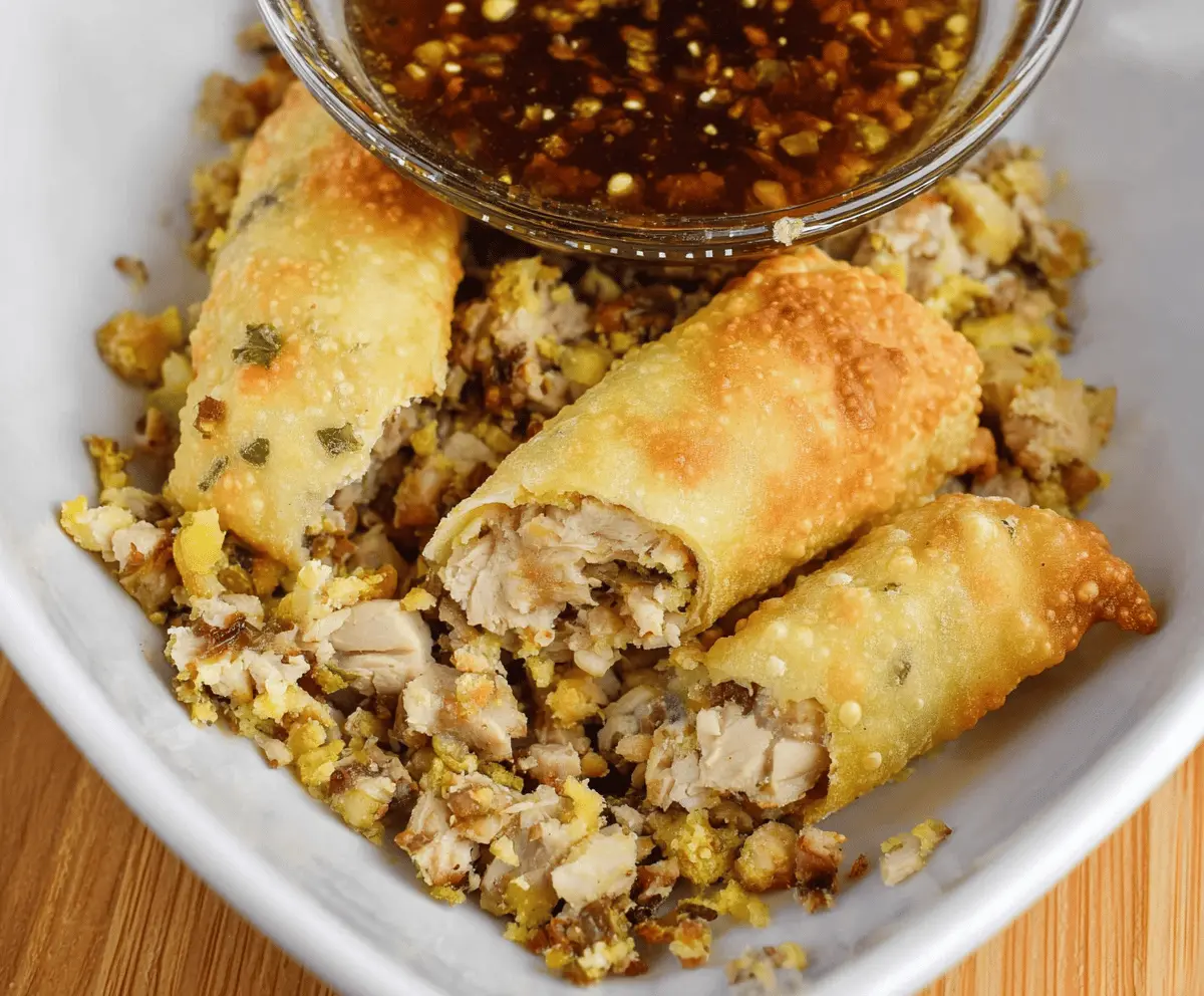 Crispy air fryer turkey egg rolls filled with Thanksgiving leftovers on a plate.