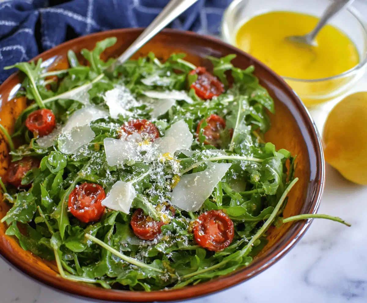 Fresh arugula salad topped with lemon vinaigrette in a clear glass bowl, vibrant and healthy appetizer or side dish