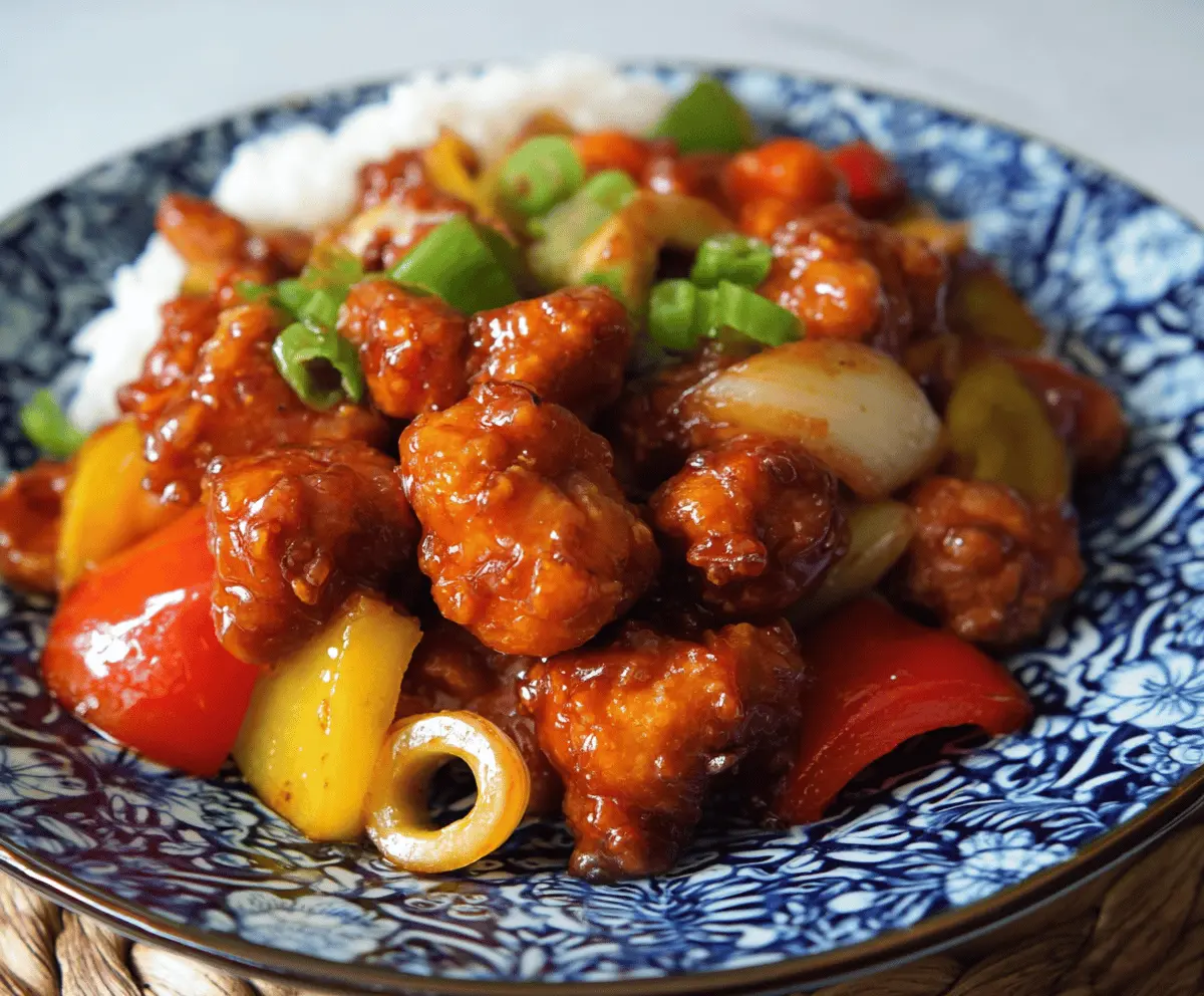 Delicious authentic Chinese sweet and sour pork served with vibrant vegetables and crispy golden batter.