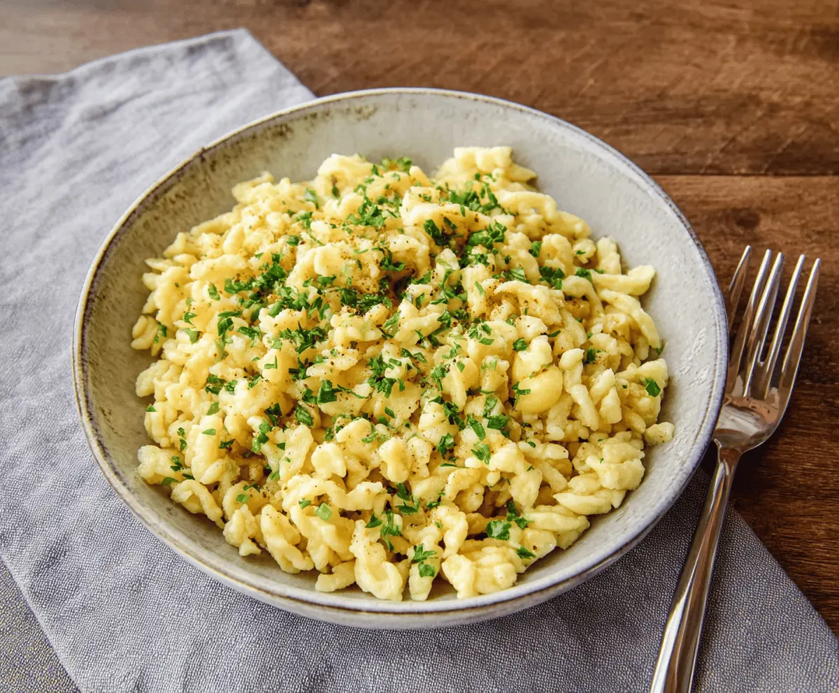 Delicious authentic German Spaetzle dumplings served on a traditional plate.