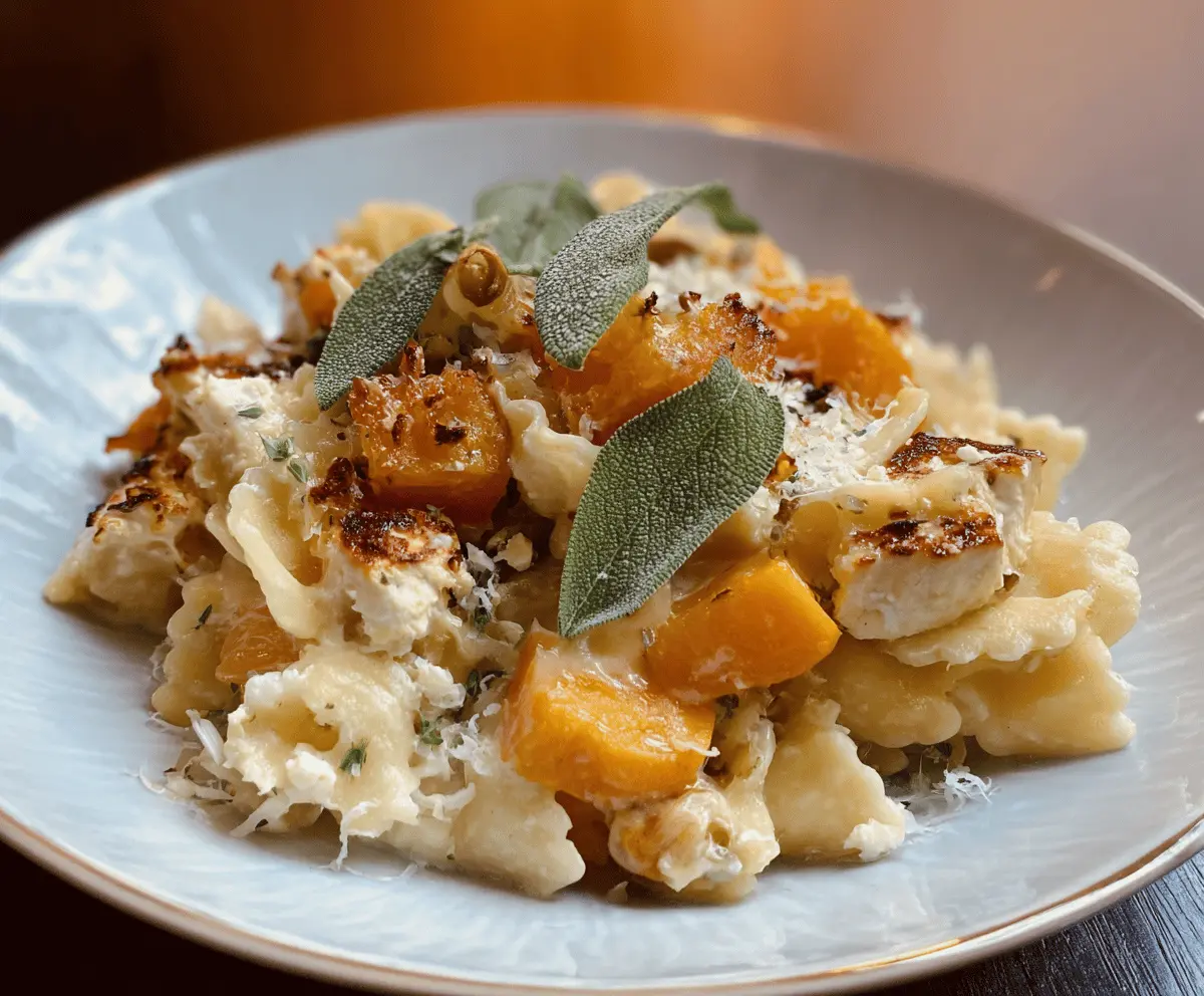 Creamy baked feta and roasted butternut squash pasta garnished with fresh sage leaves for a flavorful, comforting meal.